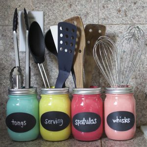 Mason jar colorful kitchen utensil organization