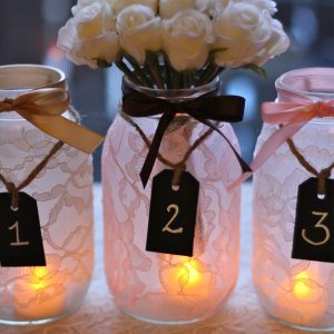 Mason jar pink lace wedding centerpieces