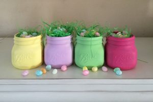 Pastel painted Easter basket mason jars